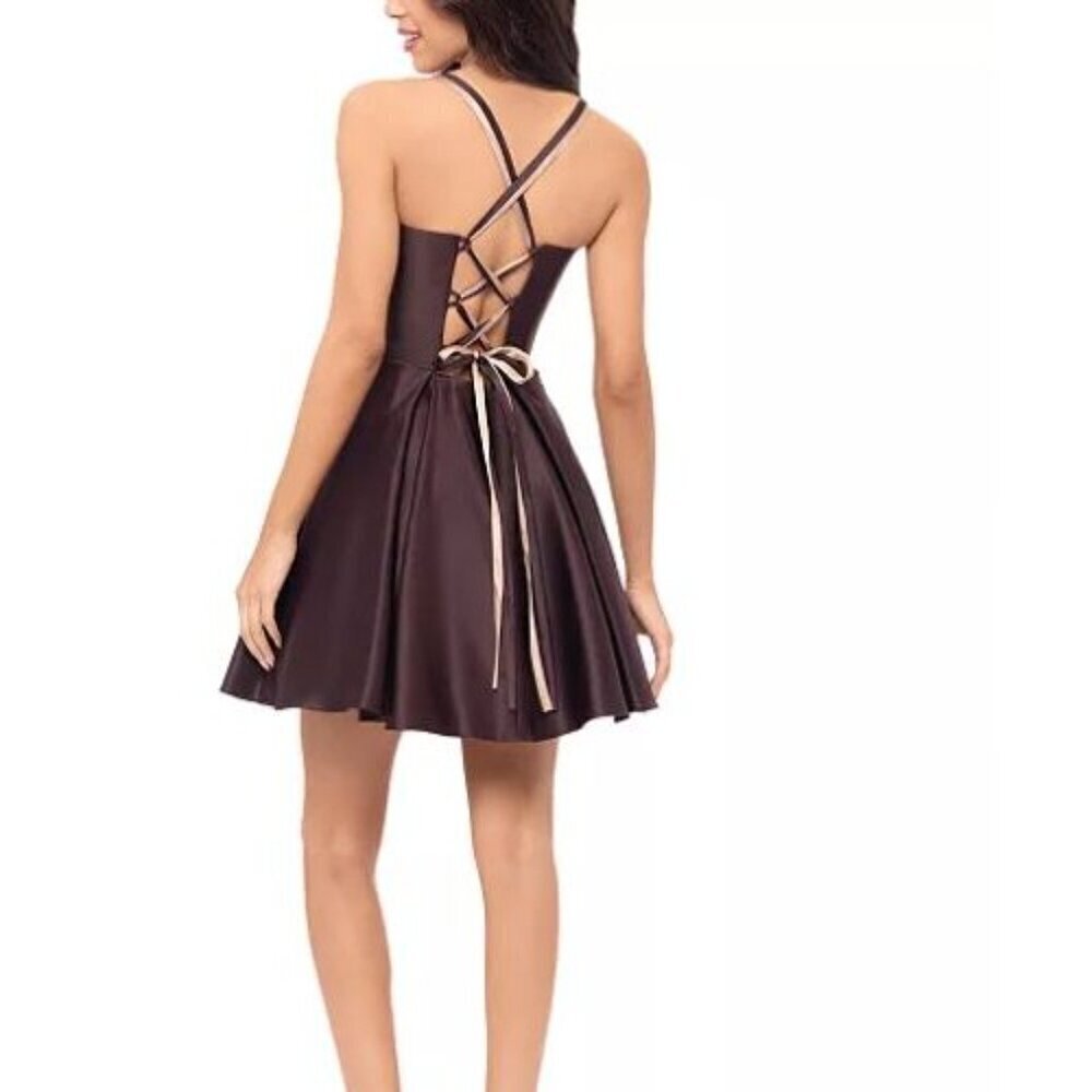 Blondie Nites Lamour Lace-Up Mini Satin Skater Dress Sz 7 in Brown Chocolate - Picture 13 of 13